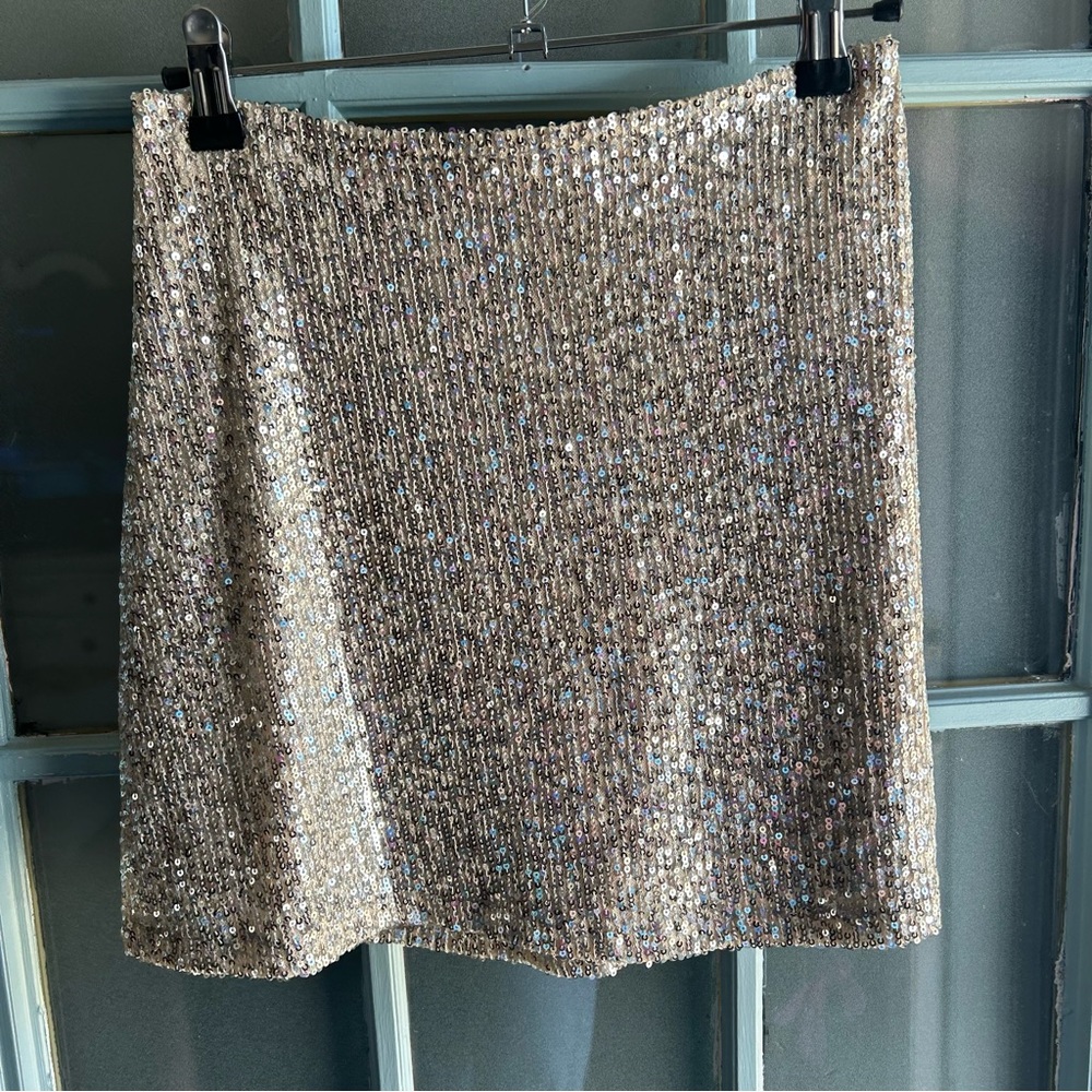 Sequin Sparkle Mini Skirt  Silver Short Lined Elastic Waist Girls L Women’s S